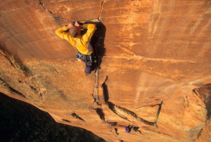Jon Varco free climbing Moonlight Buttress in Zion National Park